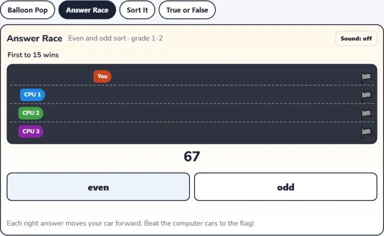 Even odd sort game Answer Race with the player car ahead