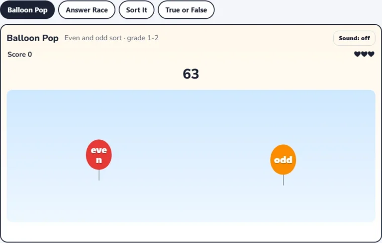 Sort even and odd numbers Balloon Pop with an Even balloon and an Odd balloon