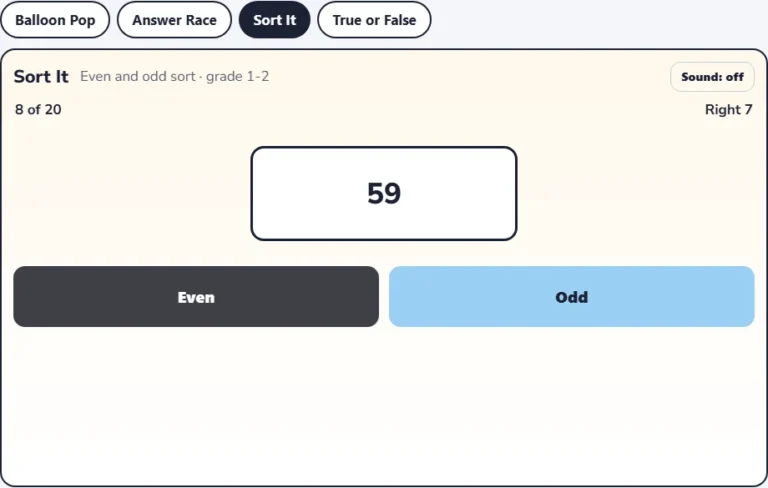 Even and odd sorting game Sort It with the number 3 and the Even and Odd buttons
