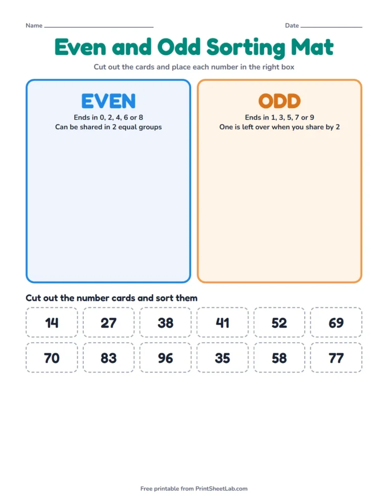 Even and odd sorting game mat printable with two boxes and twelve number cards to cut out