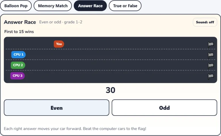 Even and odd numbers game Answer Race with the number 30 and Even or Odd buttons