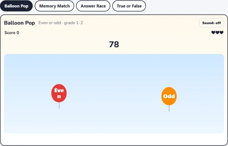 Even or odd game Balloon Pop with the number 78 and two answer balloons