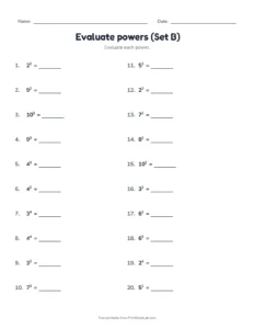 Evaluate powers (Set B) printable worksheet for grade 6