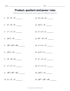 exponent rules worksheet: product, quotient and power rules