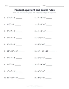 laws of exponents worksheet: set B