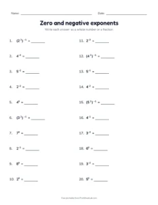negative exponents worksheet: zero and negative exponents