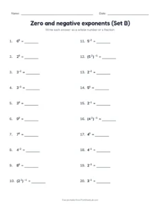 Zero and negative exponents (Set B) printable worksheet for grade 8