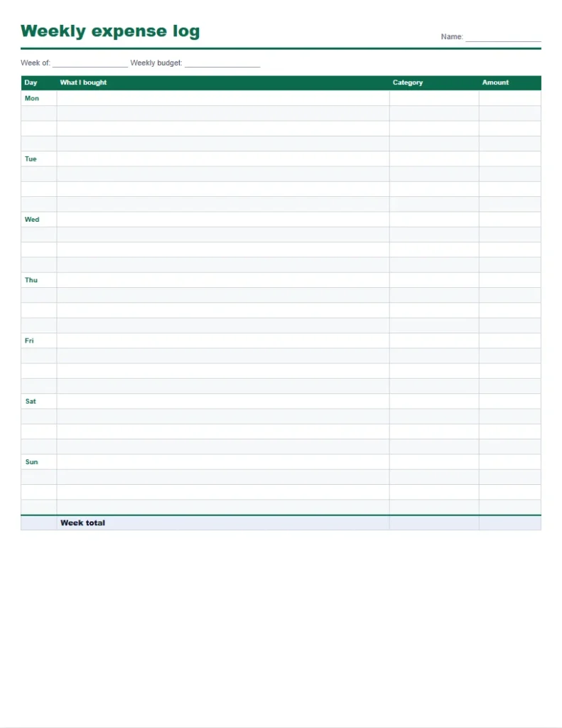 Daily expense tracker printable weekly log with four entry lines for each day of the week and a week total