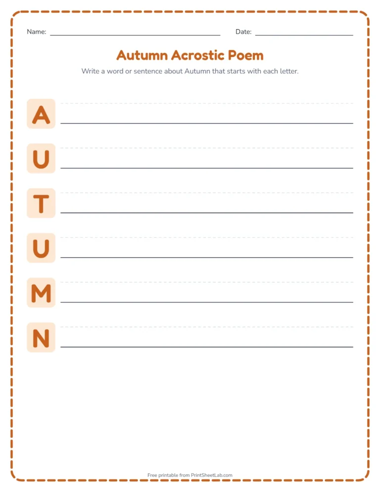 Fall acrostic poem worksheet: write a word for each letter of AUTUMN