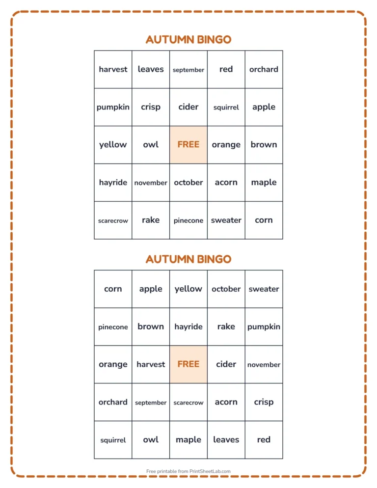 Fall bingo printable: two different bingo cards with fall words
