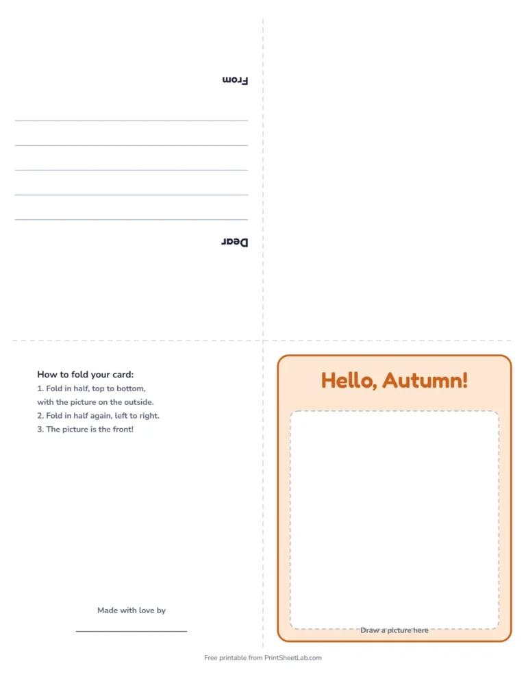 Fall card printable: a fold-up greeting card that says Hello, Autumn!