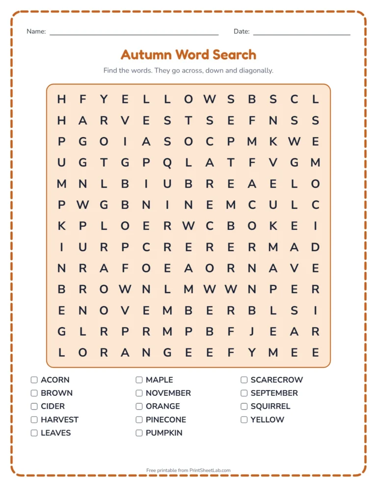 Fall worksheets: word search printable with fall words and a word list