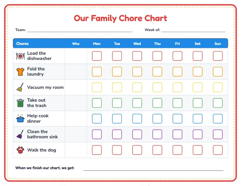 Family chore chart for multiple kids with a Who column