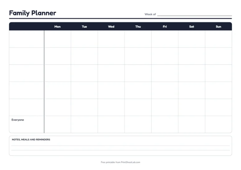 Family schedule template in black and white on A4