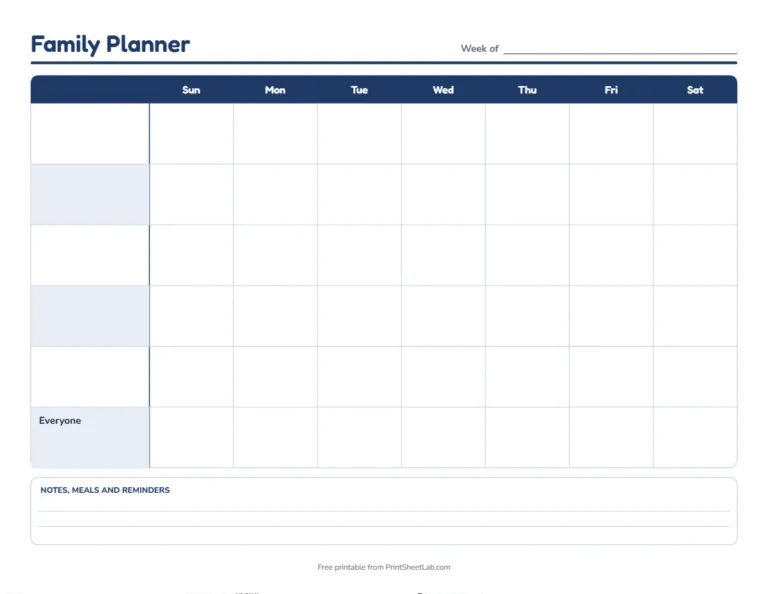 Family weekly planner with a Sunday start in navy