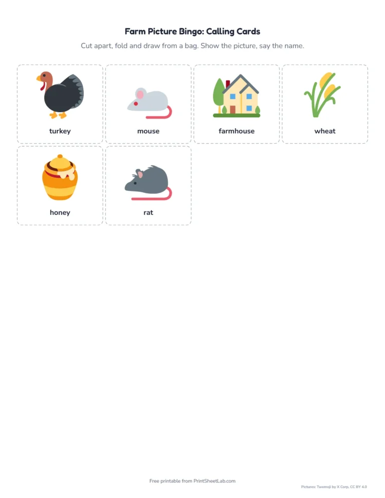 Farm animal bingo calling cards to cut out and draw from a bag