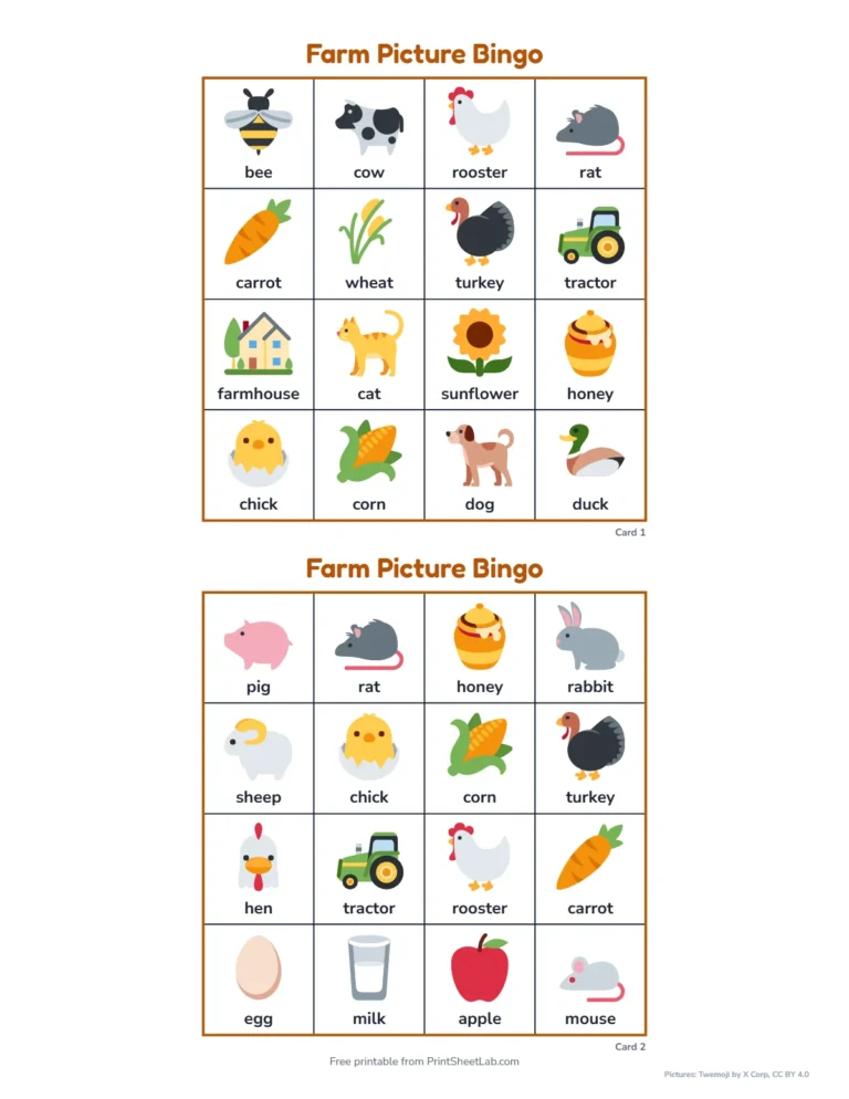 Farm animal bingo printable: 4 by 4 picture cards with a word under each picture
