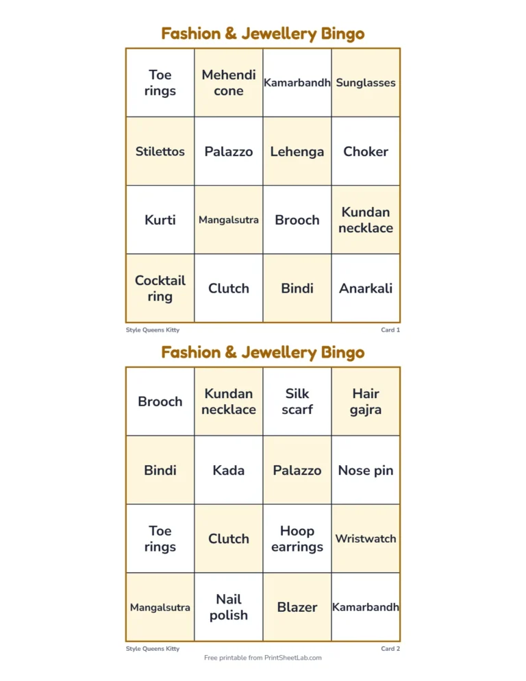 Jewellery bingo cards in the quick 4 by 4 size
