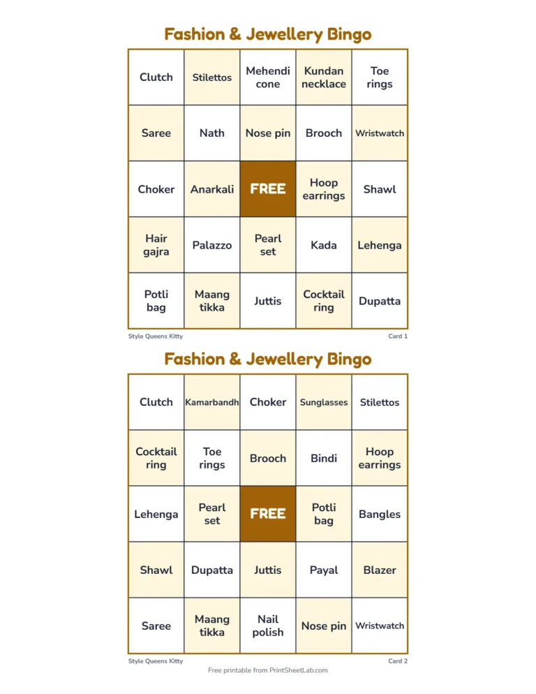 Fashion jewellery bingo: printable 5 by 5 cards with jhumkas, bangles and sarees