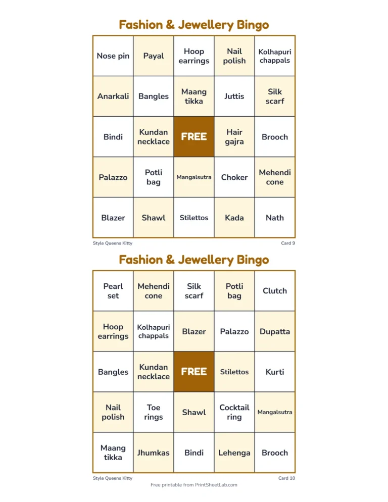 Fashion bingo caller list with 36 fashion and jewellery items