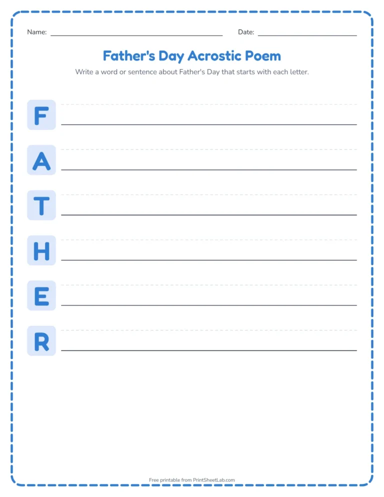Father's Day acrostic poem worksheet: write a word for each letter of FATHER