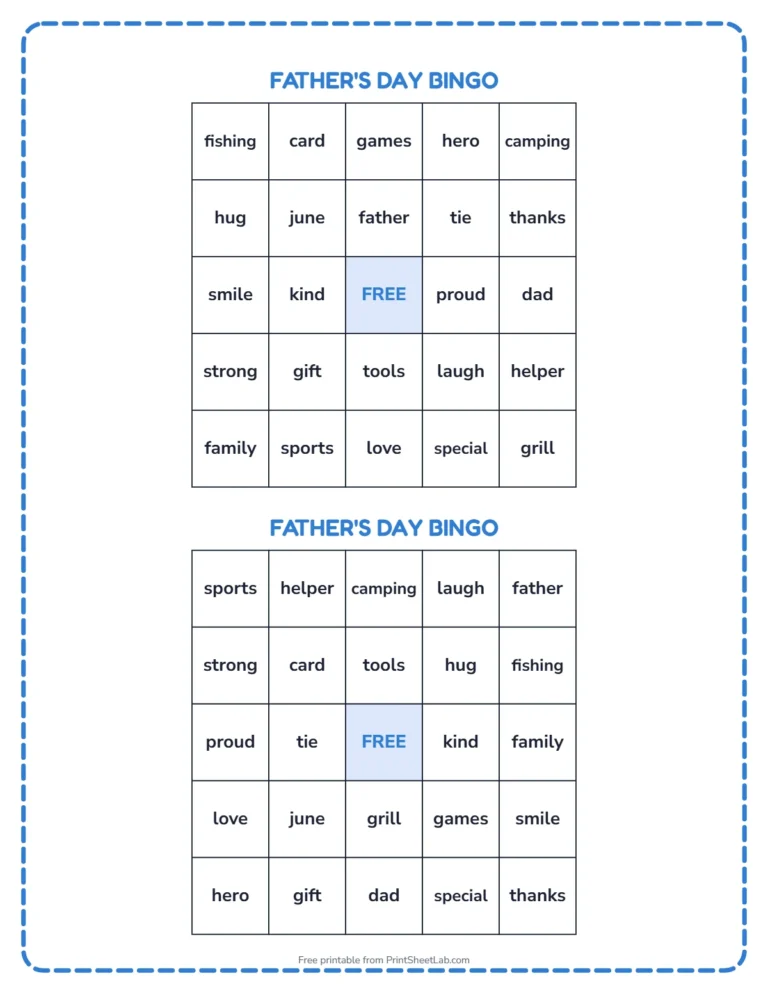 Father's Day bingo printable: two different bingo cards with Father's Day words