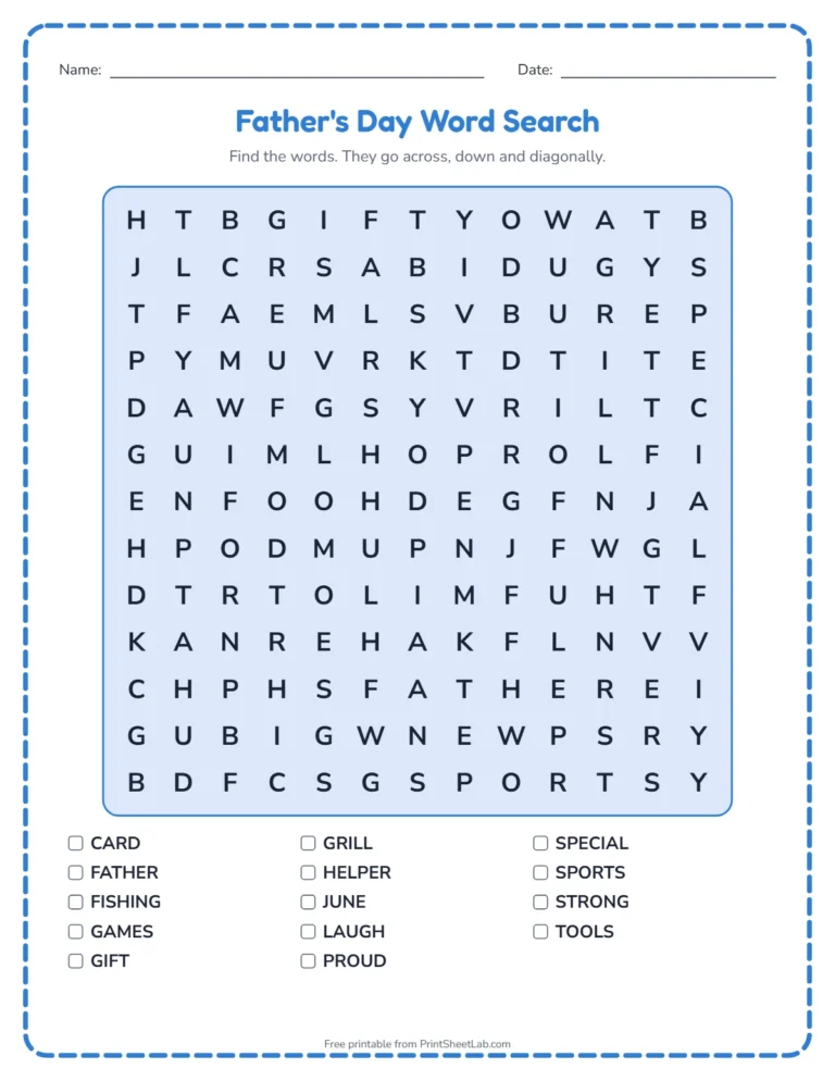 Fathers day worksheets: word search printable with Father's Day words and a word list