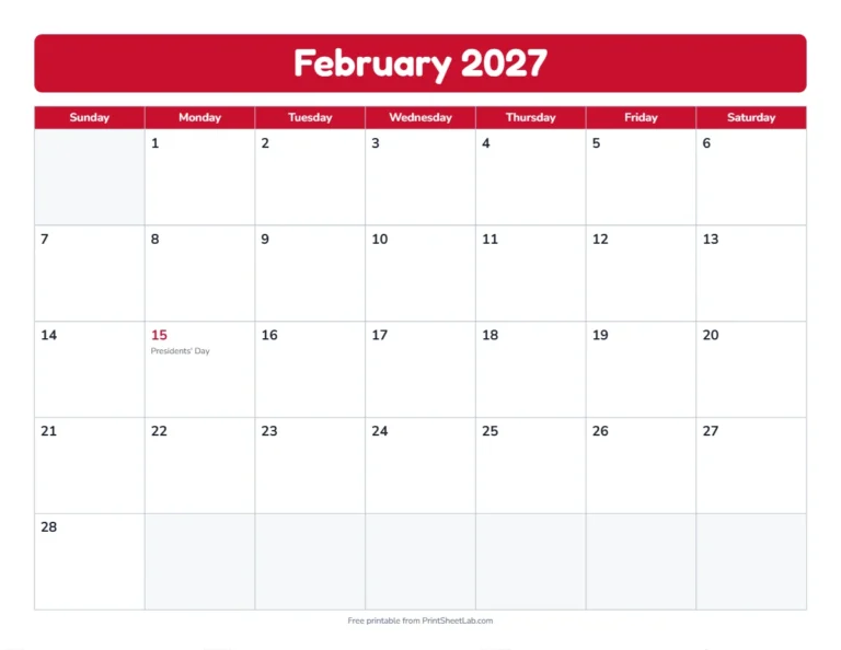 February 2027 calendar in the bold band design with big day boxes
