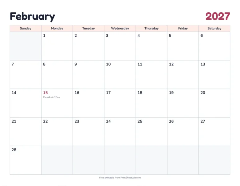 February 2027 calendar printable with US holidays in the classic design