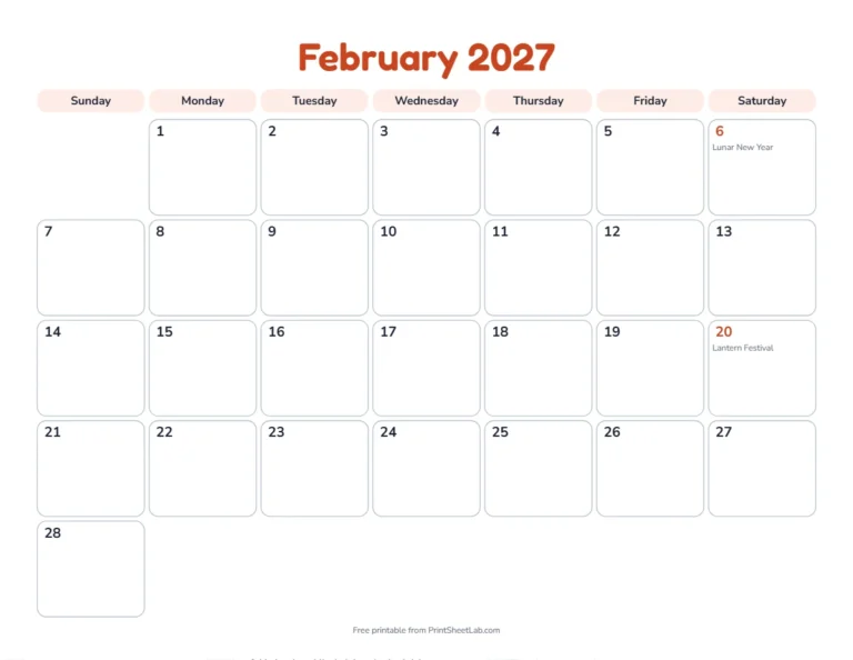 February 2027 calendar with Chinese New Year 2027 and the Lantern Festival