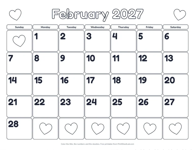 February 2027 monthly coloring calendar with hearts and solid numbers
