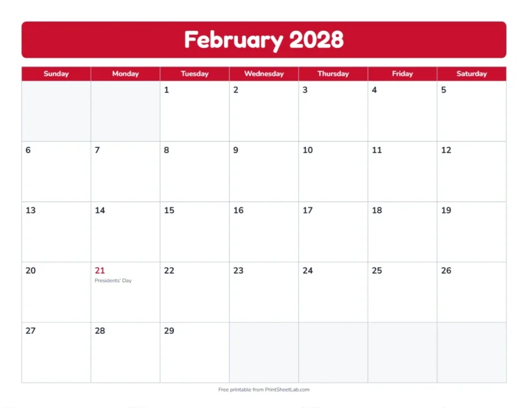February 2028 calendar in the bold band design with big day boxes