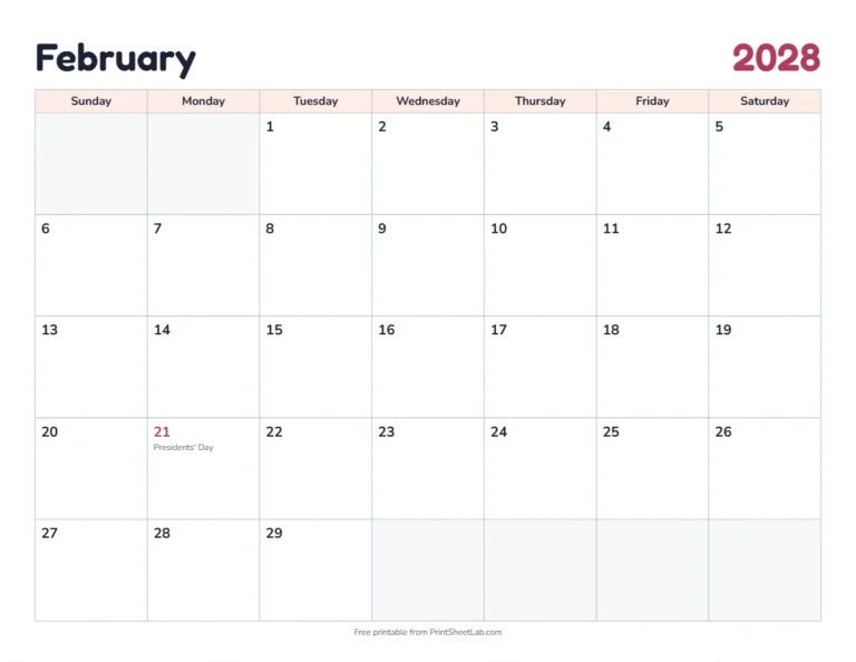 February 2028 calendar printable with US holidays in the classic design