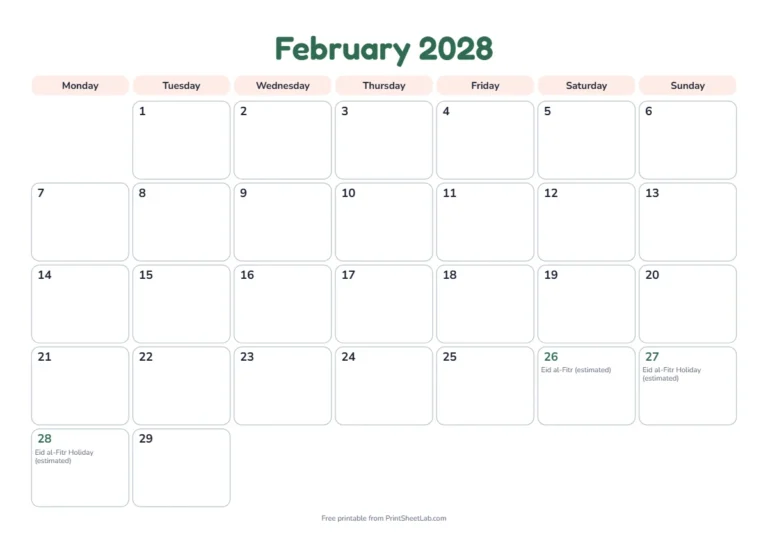 February 2028 calendar with the Eid holidays for Eid al-Fitr 2028 in the UAE