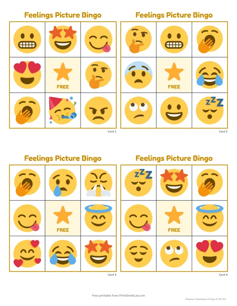 Feelings bingo cards for preschool: 3 by 3 picture-only cards with a free star