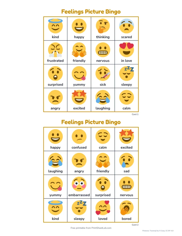 Feelings bingo printable: 4 by 4 picture cards with a word under each picture