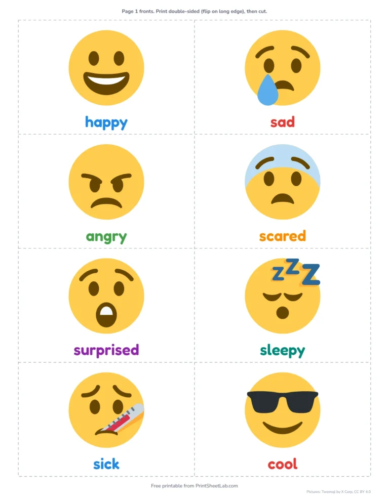 Feelings and emotions flash cards with faces