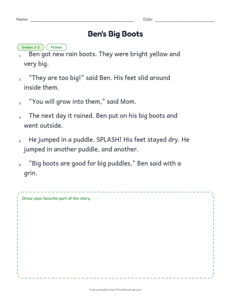 First grade reading worksheet in large text for the story Ben’s Big Boots