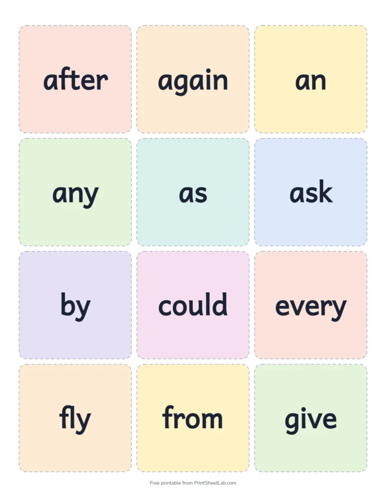 Printable first grade sight words flash cards in color, 12 cards on a page