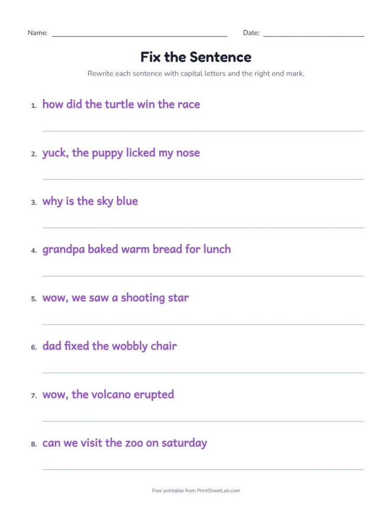 Capitals and end marks worksheet: rewrite each lowercase sentence correctly