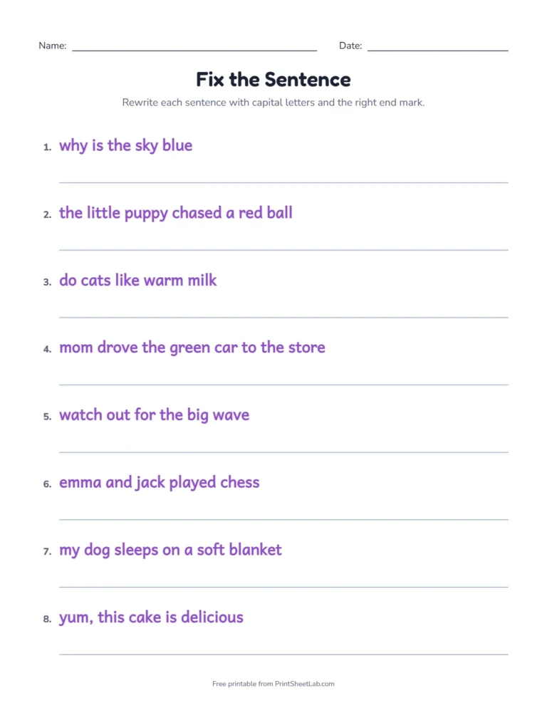 Capital letters worksheet: a second set of eight sentences to fix