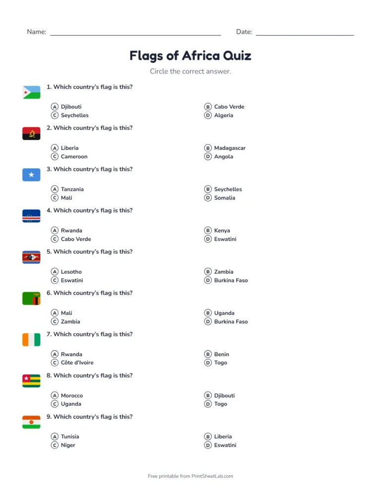 Flags of Africa quiz sheet in black and white with 20 questions