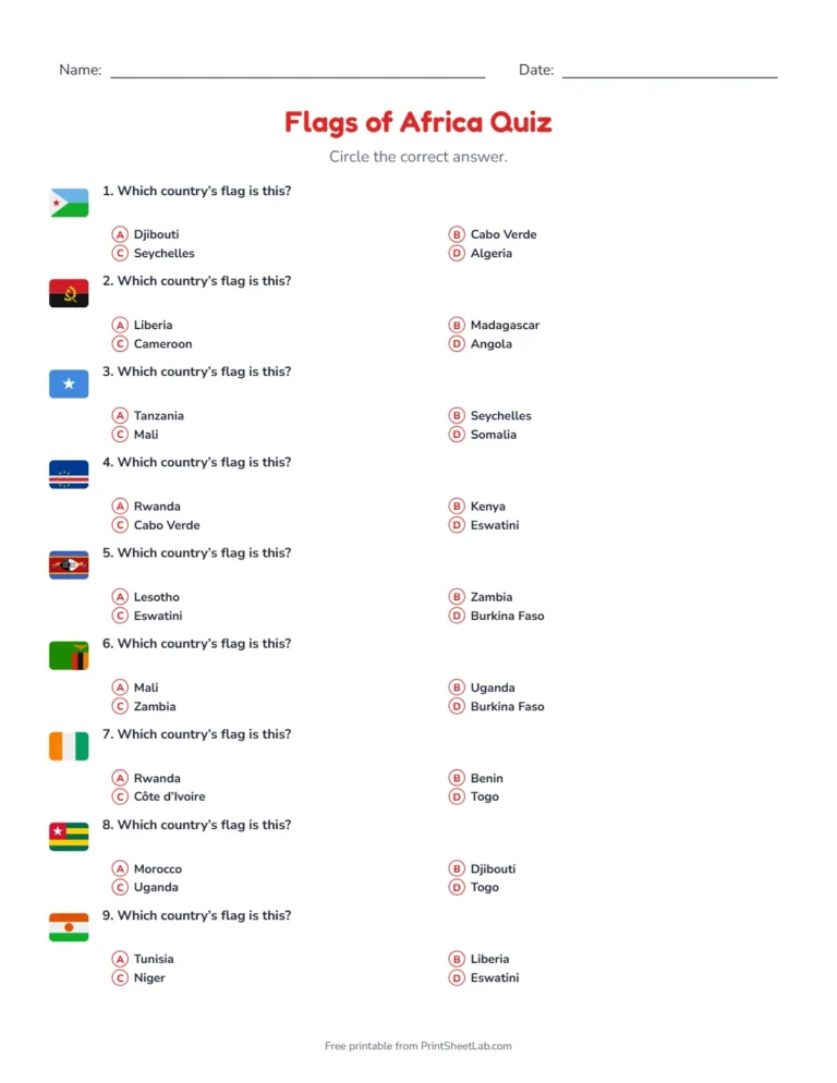 Flags of Africa quiz: printable multiple-choice quiz sheet with 12 questions