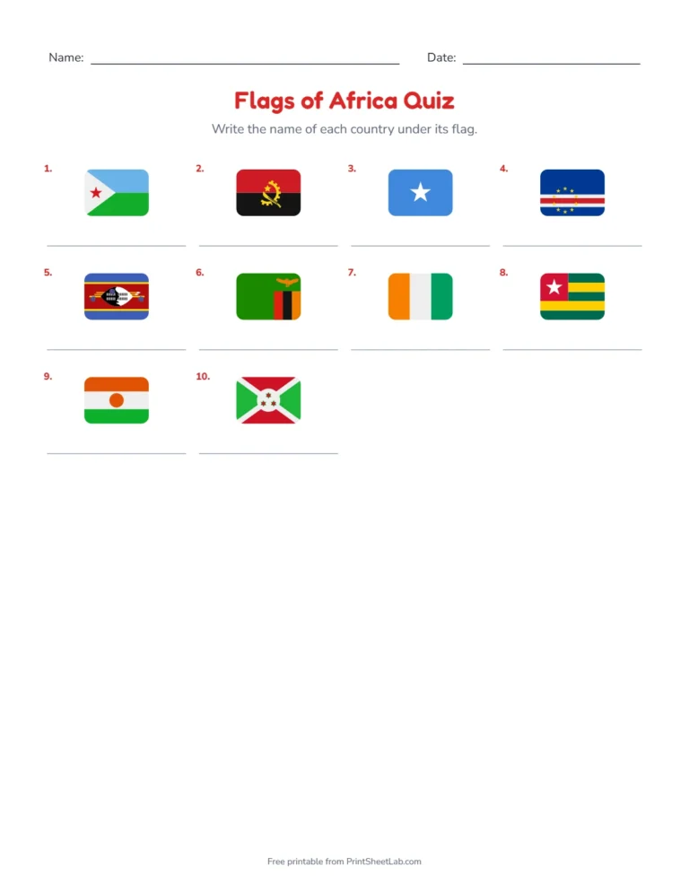 Flags of Africa quiz write-in sheet with a grid of flags to name