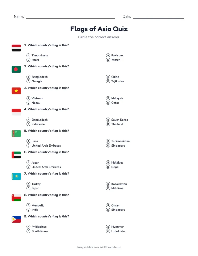Flags of Asia quiz sheet in black and white with 20 questions
