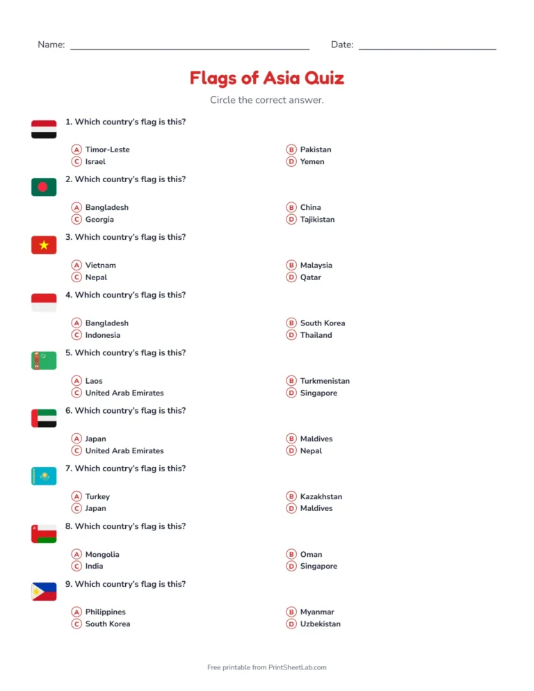 Flags of Asia quiz: printable multiple-choice quiz sheet with 12 questions