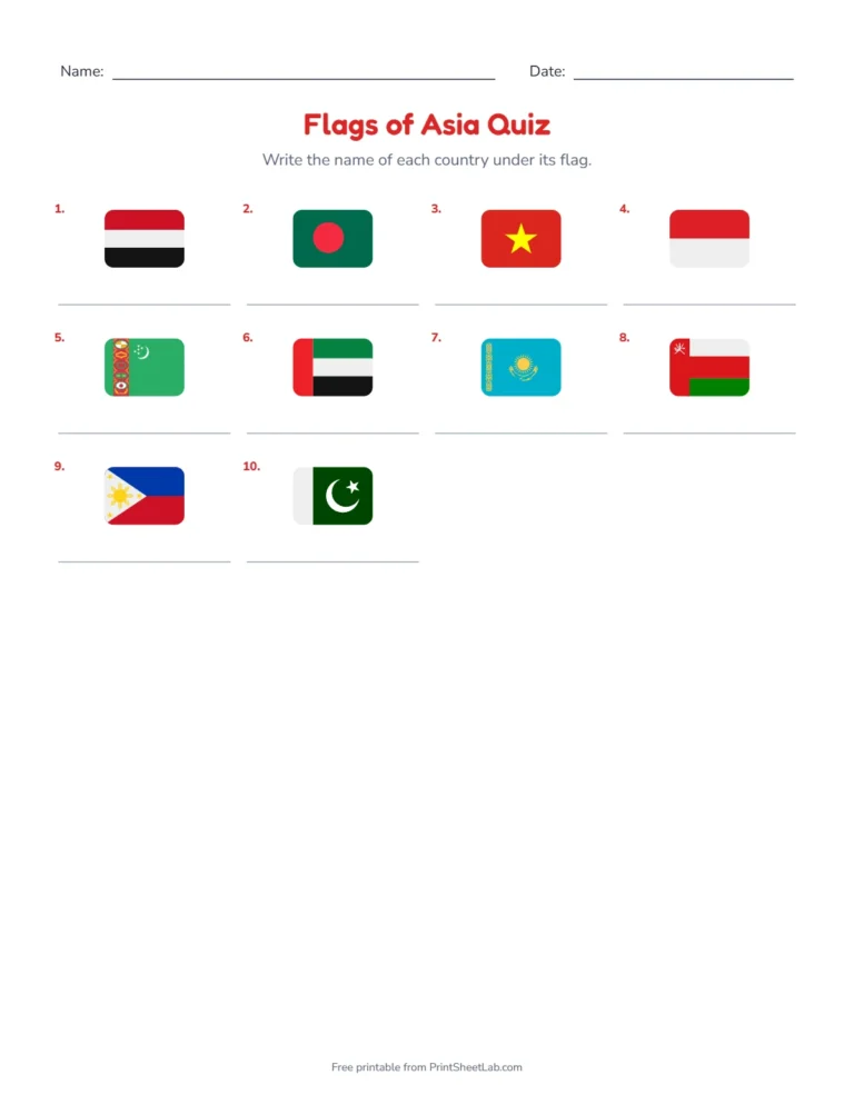 Flags of Asia quiz write-in sheet with a grid of flags to name