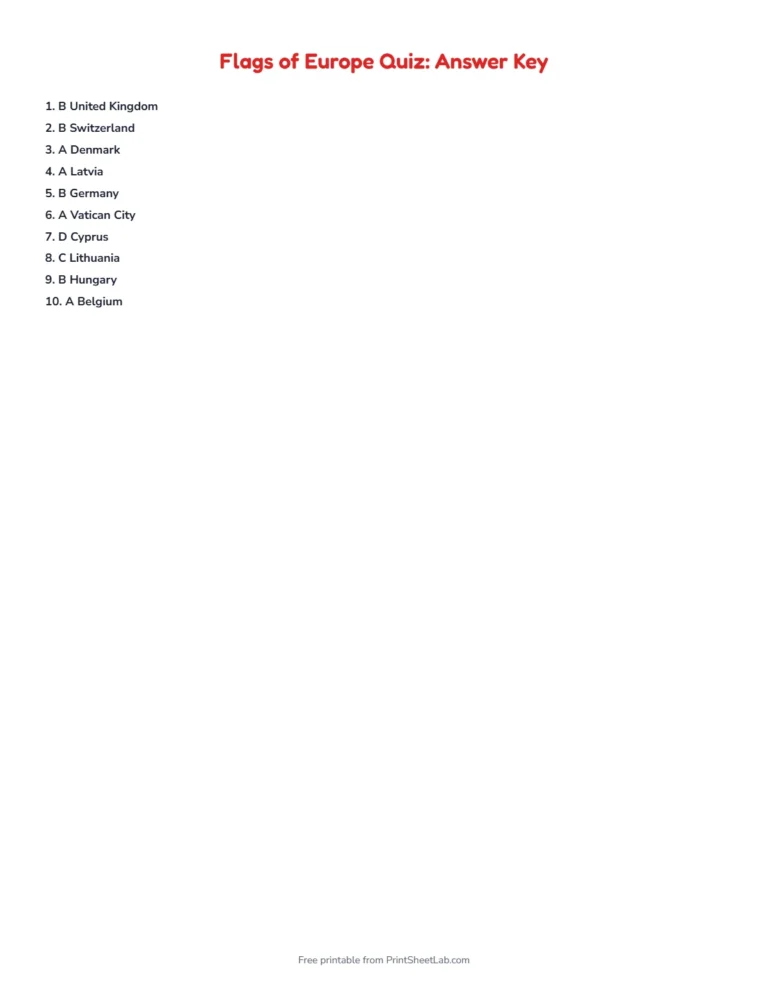 Flags of Europe quiz answer key with every answer