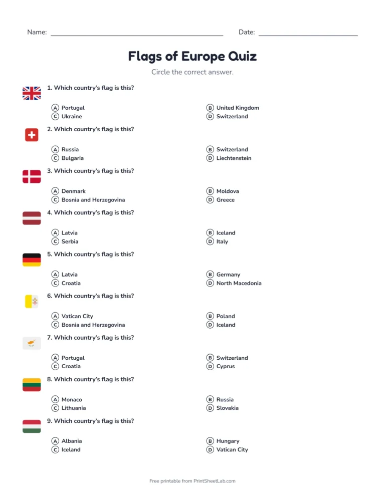 Flags of Europe quiz sheet in black and white with 20 questions