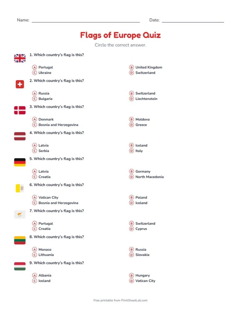 Flags of Europe quiz: printable multiple-choice quiz sheet with 12 questions